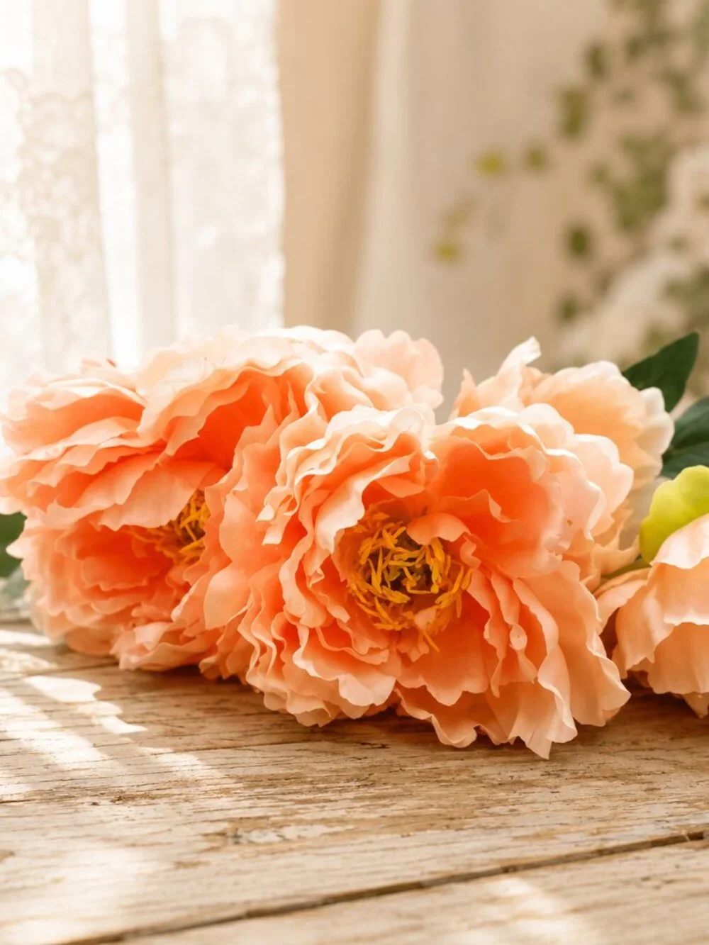 Coral Peach Faux Silk Peonies Bouquet Summer Home Decor
